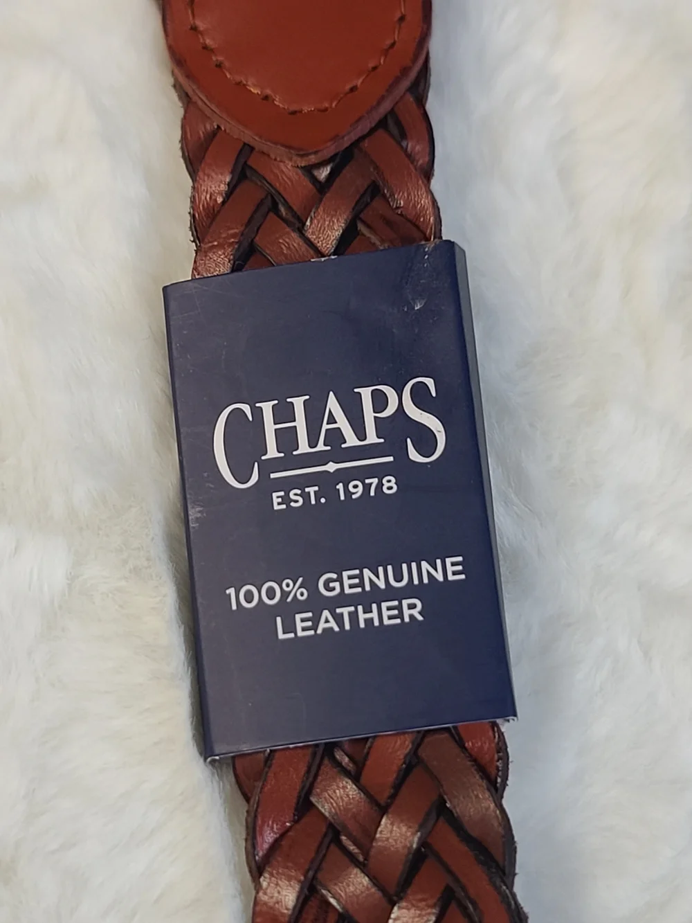 Chaps Braided Leather Belt in Chestnut Brown with Black Buckle